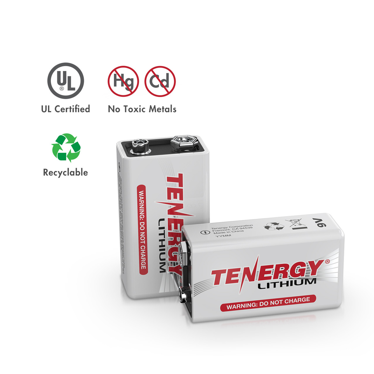 Tenergy 9V lithium battery with UL certification and no toxic metals for environmentally conscious consumer electronics.