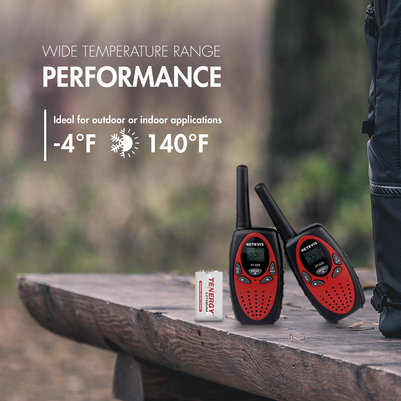 Wide temperature range 9V battery performing from -4°F to 140°F for outdoor walkie talkies and handheld radios.