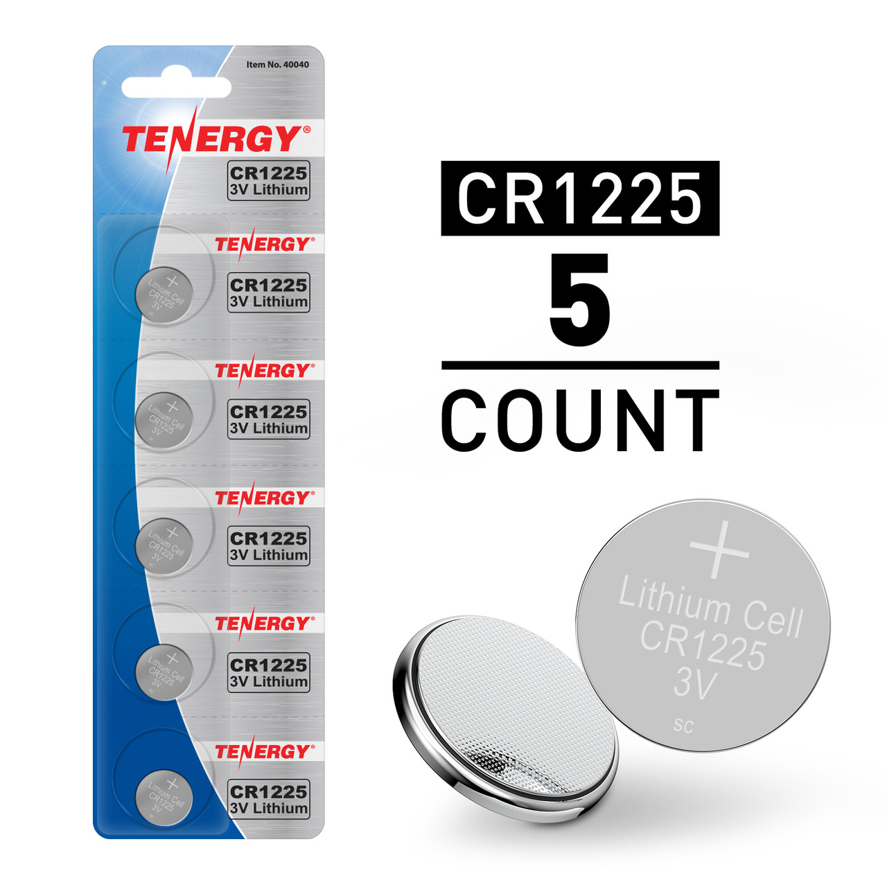 Tenergy CR1225 batteries in a 5-count blister pack for long-lasting electronic device power.