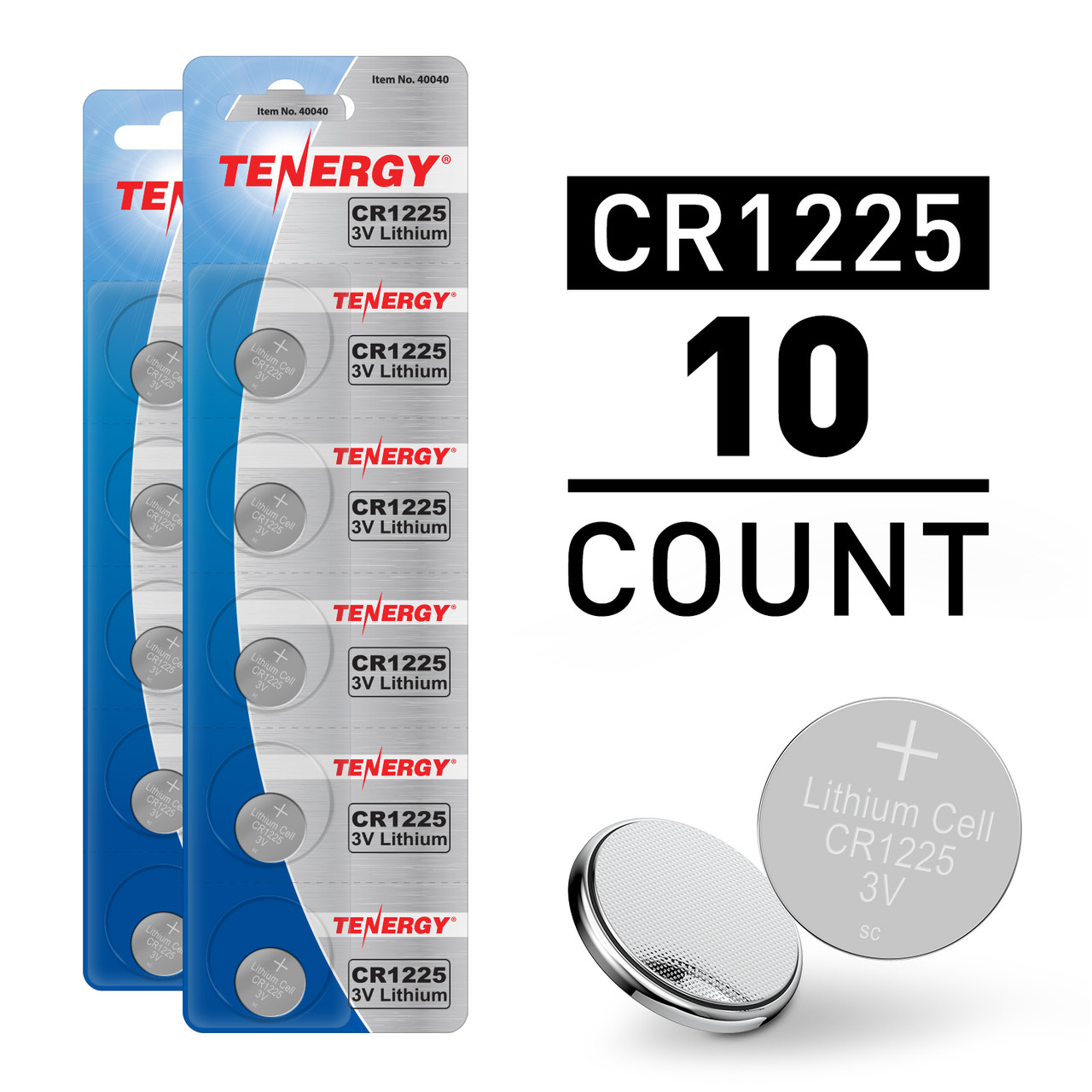 Tenergy CR1225 batteries in a 10-count pack for long-lasting electronic device power.