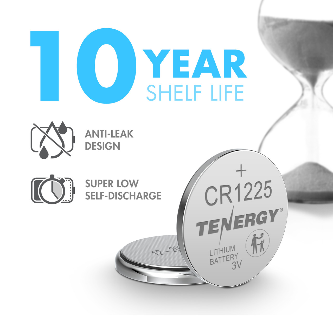 Leak-resistant CR1225 button cells featuring a 10-year shelf life for emergency preparedness.