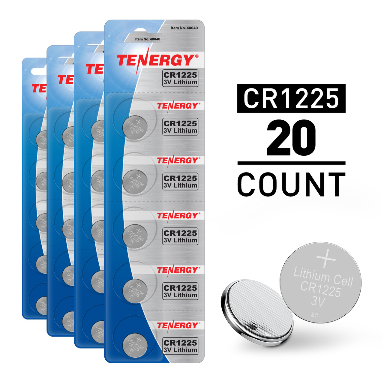 Tenergy CR1225 batteries in a 20-count pack for long-lasting electronic device power.