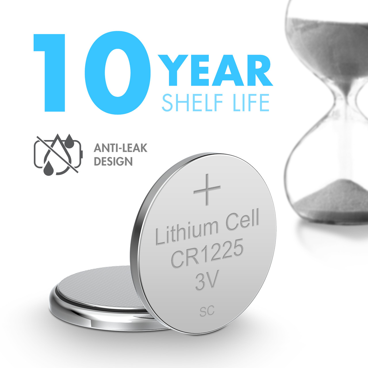 Leak-resistant CR1225 button cells featuring a 10-year shelf life for emergency preparedness.