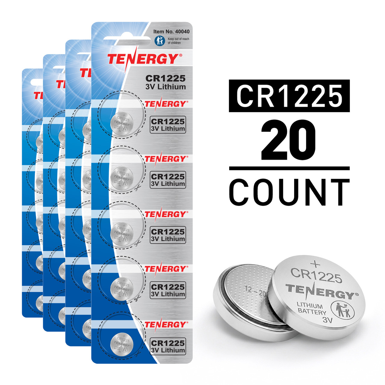 Tenergy CR1225 batteries in a 20-count pack for long-lasting electronic device power.
