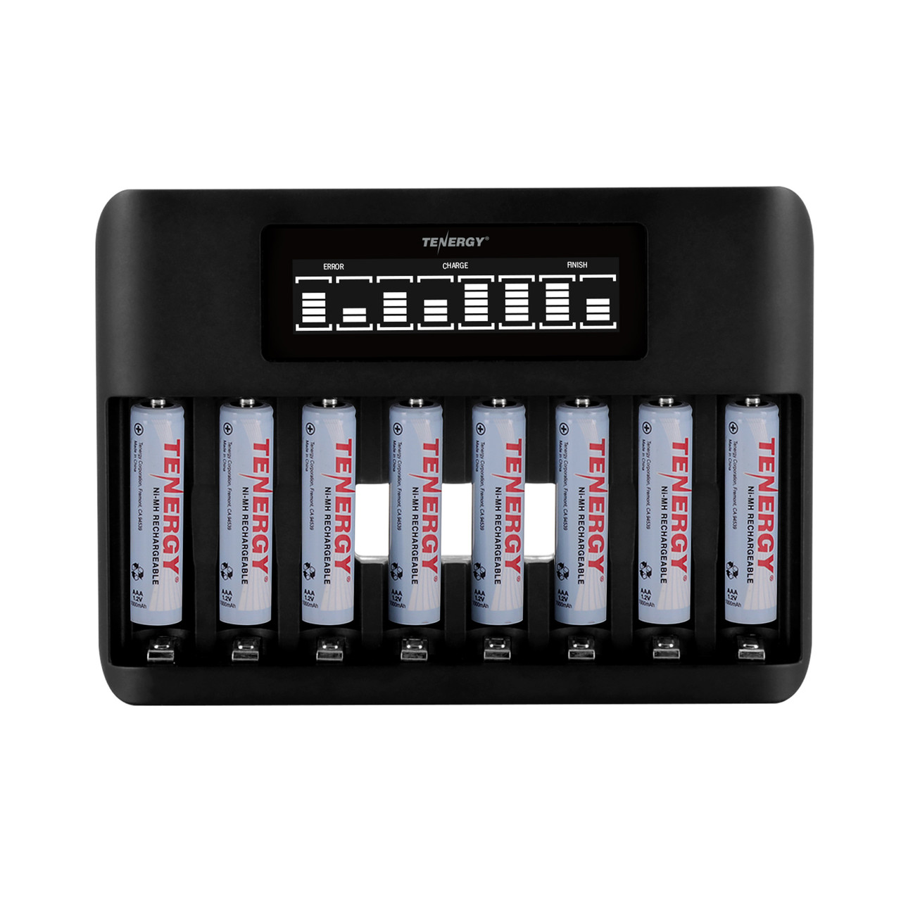 Eight-slot rechargeable battery station displays real-time status for high-drain device owners using Tenergy AA and AAA cells.