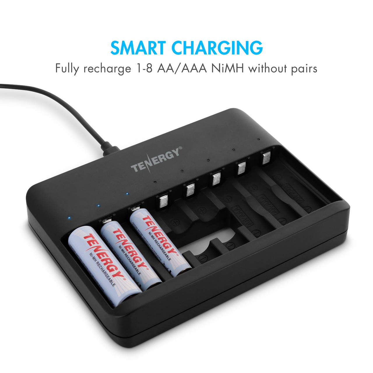 Tenergy 8-slot smart charger recharges individual AA and AAA NiMH batteries for versatile home electronics use.