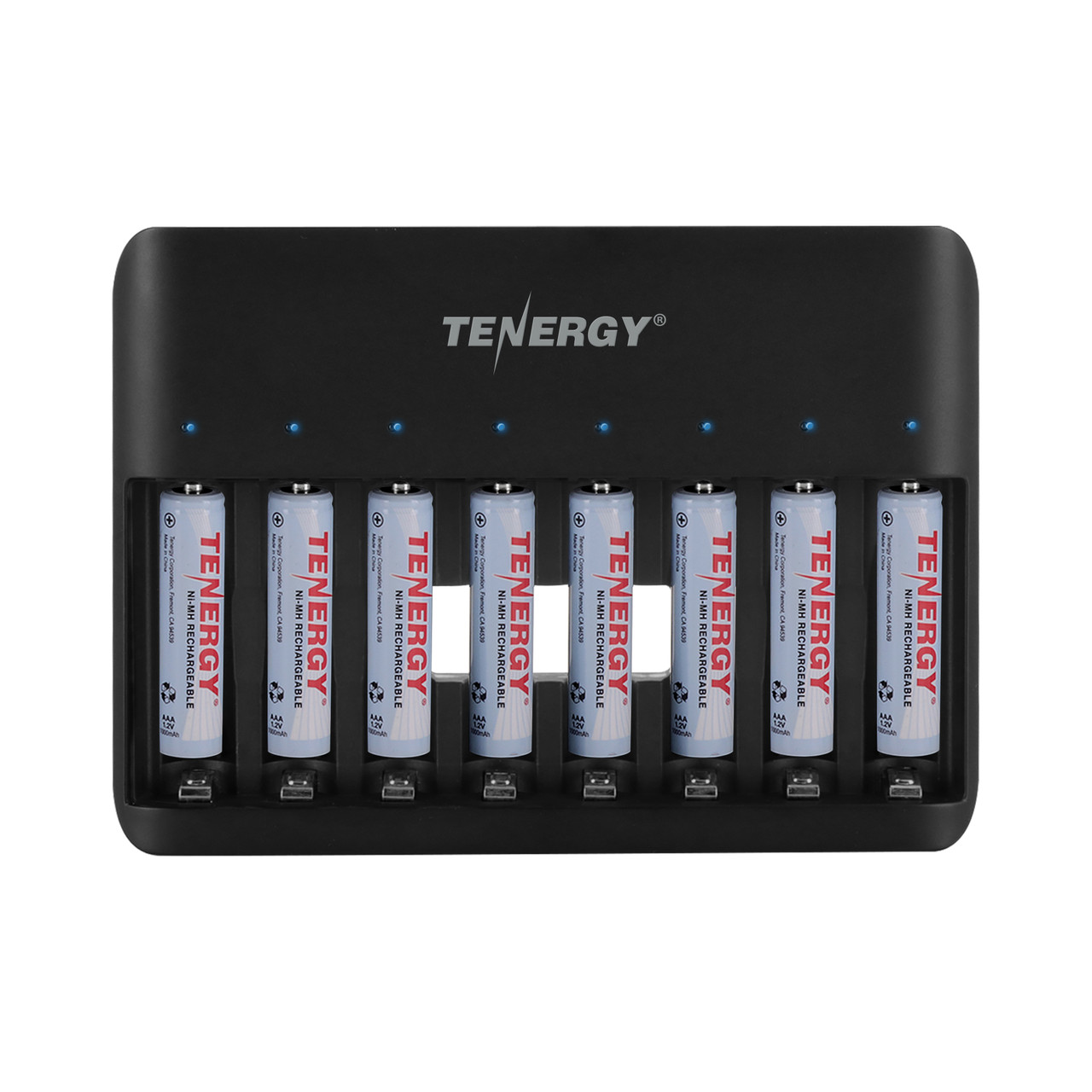 Tenergy 8-slot NiMH battery charger with AAA rechargeable batteries for high-drain electronics users.