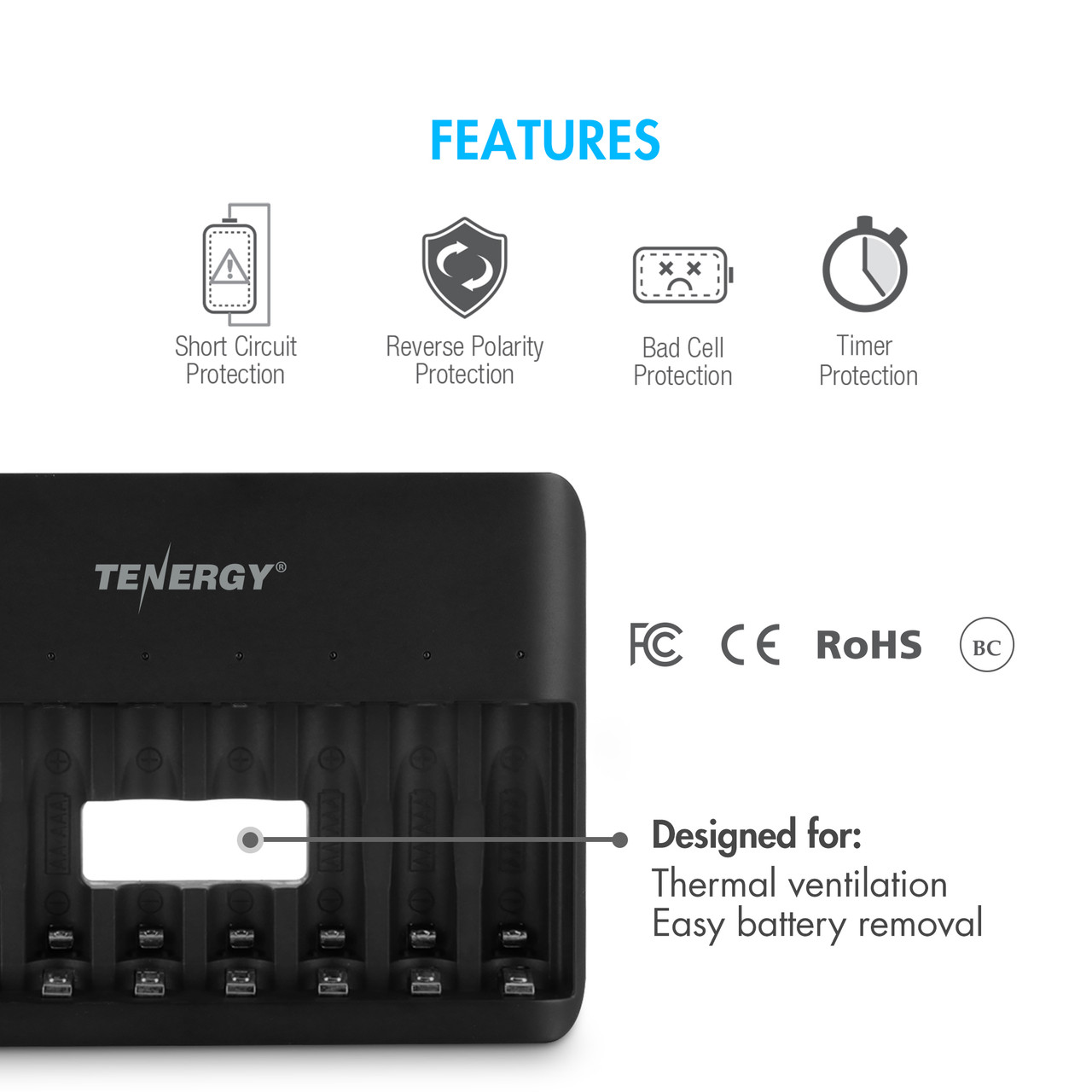 Tenergy rechargeable battery station includes reverse polarity protection and thermal ventilation for reliable power.