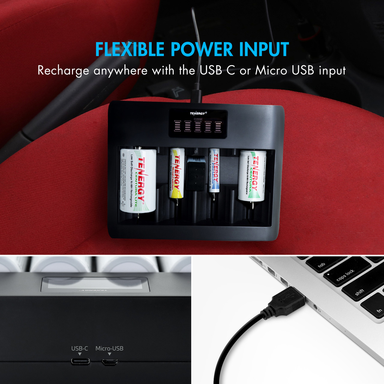 A USB battery charger offers flexible power input through Micro-USB or USB-C ports for convenient mobile charging on the go.