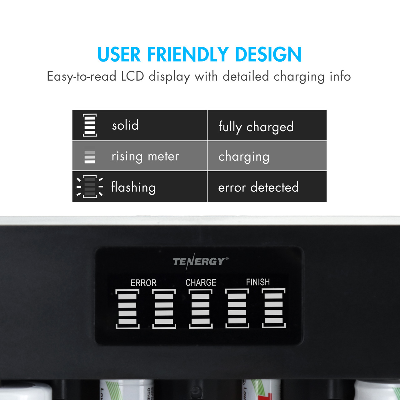The LCD battery charger display provides clear status updates and detailed charging info for tech-savvy home users.