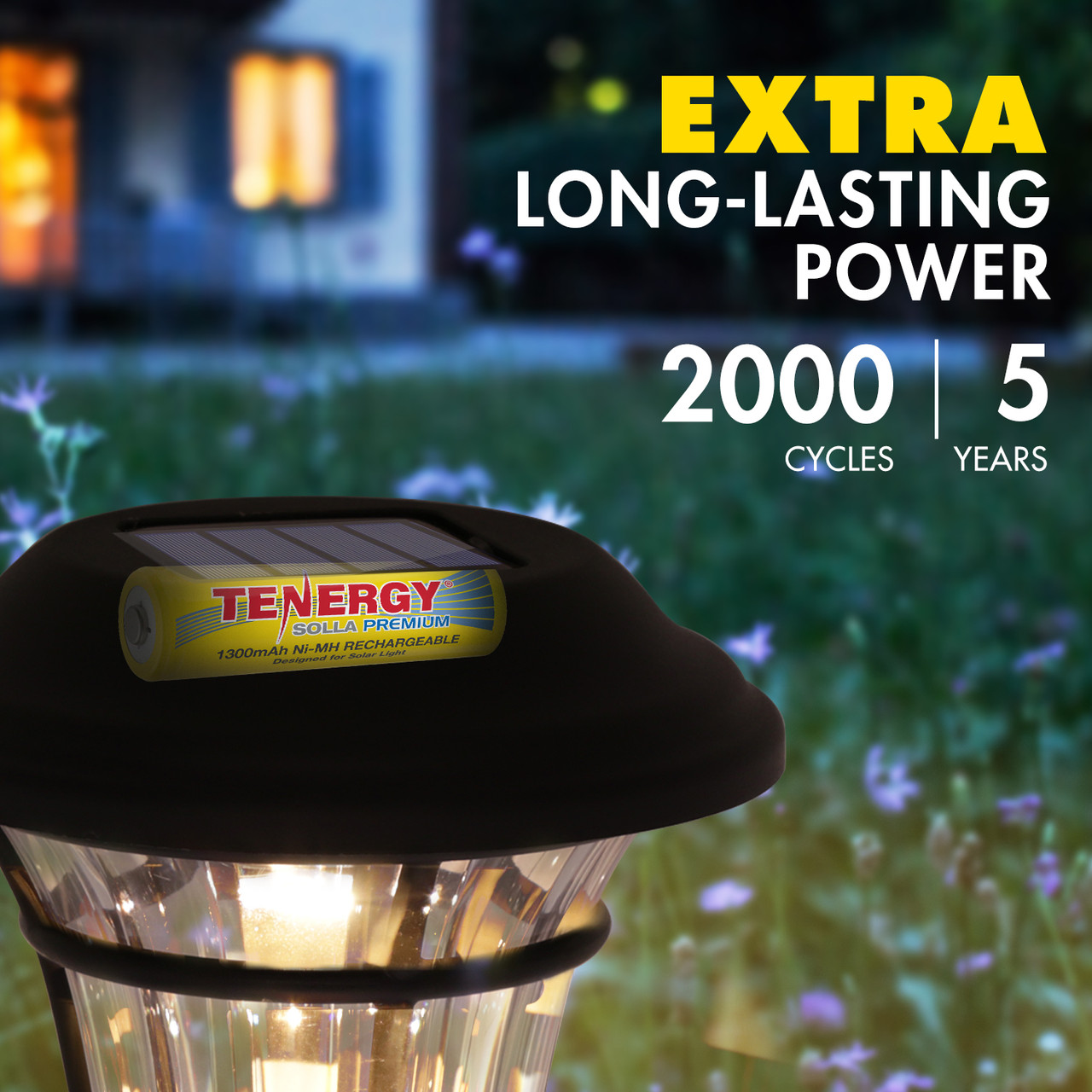 Long-lasting AA solar battery offering 2000 recharge cycles to provide years of sustainable energy for residential landscape lighting.