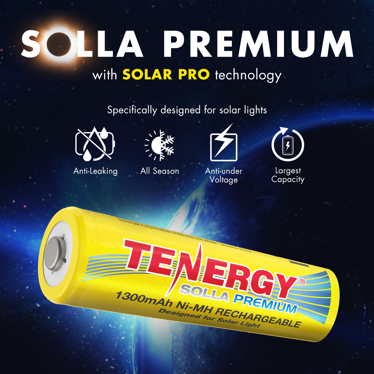 Premium Solla AA battery with Solar Pro technology designed to prevent leaking in high-performance solar pathway lighting.