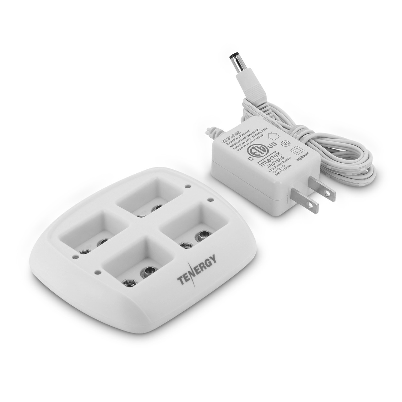 A white 9V battery charger comes with a switching adapter to ensure compatibility with standard electrical outlets.