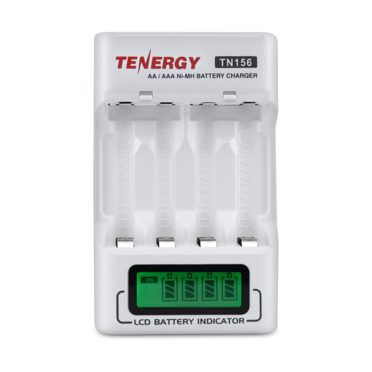 Tenergy TN156 battery charger featuring four slots and a backlit LCD for users needing precise power levels.