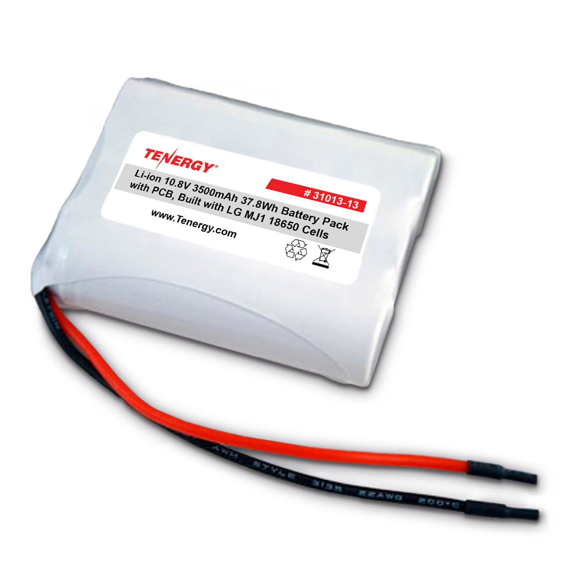Tenergy Li-ion 10.8V 3500mAh Battery Pack with PCB, 3S1P, 37.8Wh. Custom NTC, PTC, connectors, or configs available.