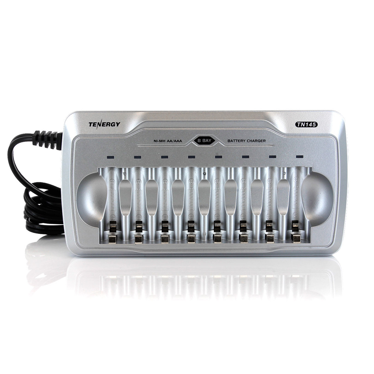 Tenergy TN145 8-bay rechargeable battery station offers a sleek design for charging multiple AA/AAA batteries.