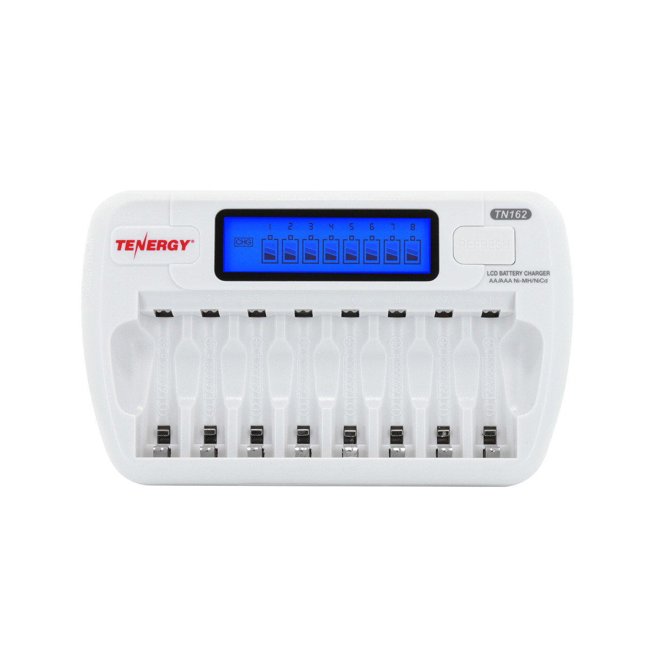 Tenergy TN162 8-Bay smart charger featuring eight individual slots for efficient AA/AAA battery charging.