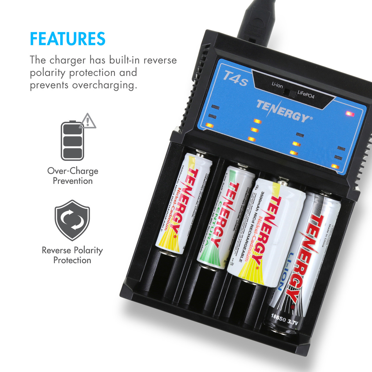 Tenergy T4S charger with built-in reverse polarity protection ensures reliable power for rechargeable battery users.
