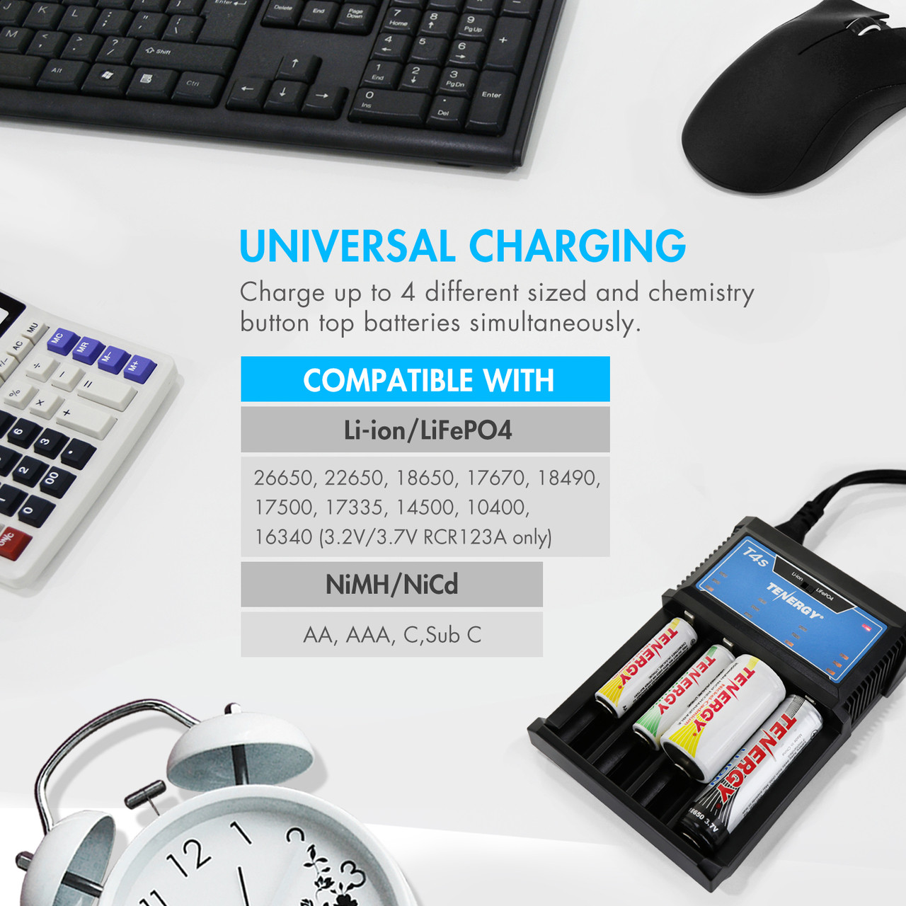 Universal battery charger on a desk supports multiple Li-ion and NiMH chemistries for versatile household device power.