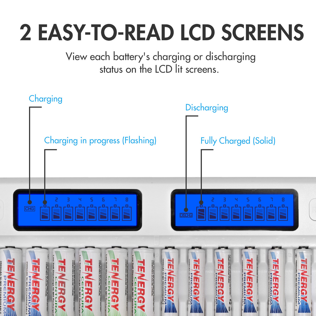 Two backlit LCD screens provide real-time status for monitoring individual battery charging or discharging cycles.