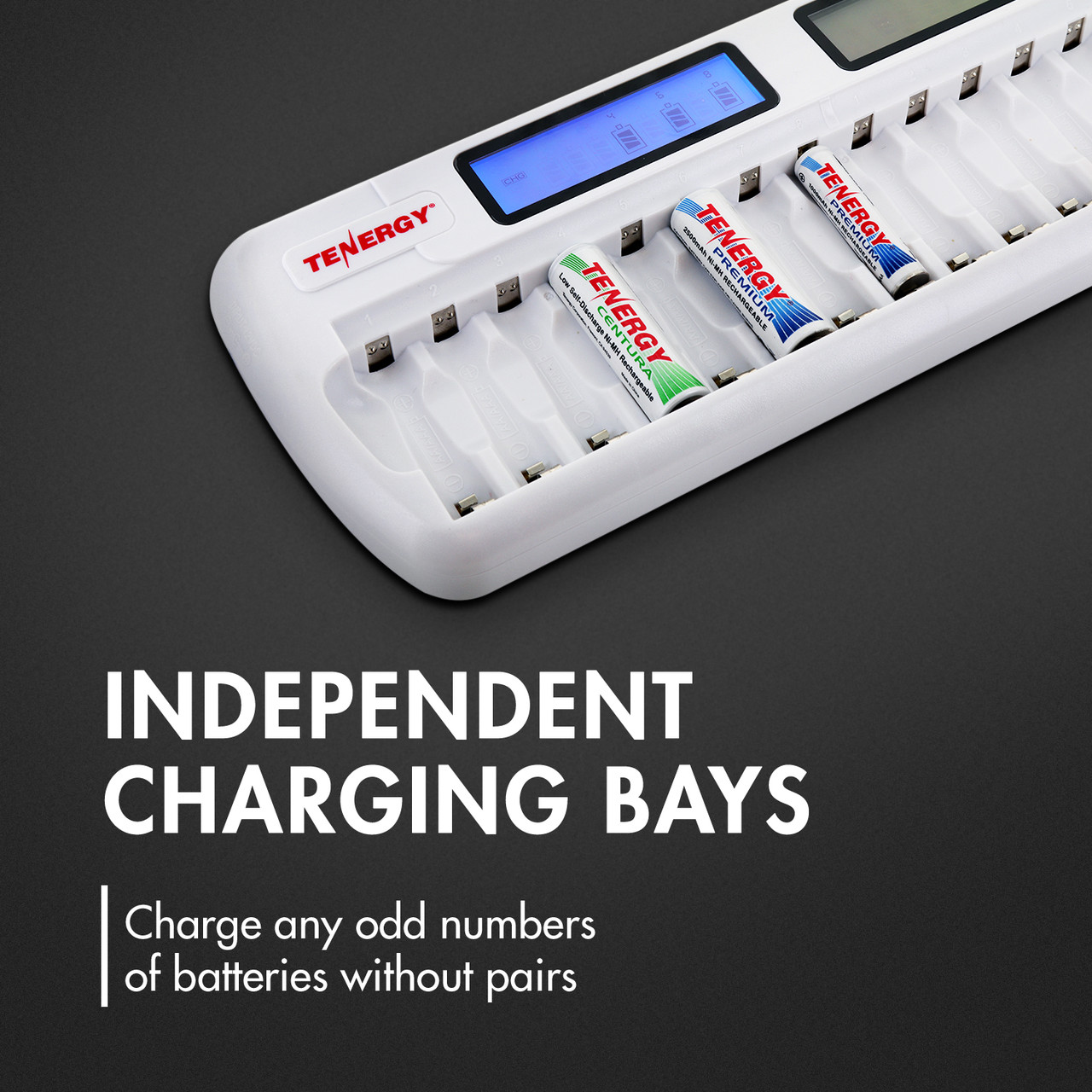 Independent charging bays allow for powering any odd number of rechargeable batteries without requiring pairs.