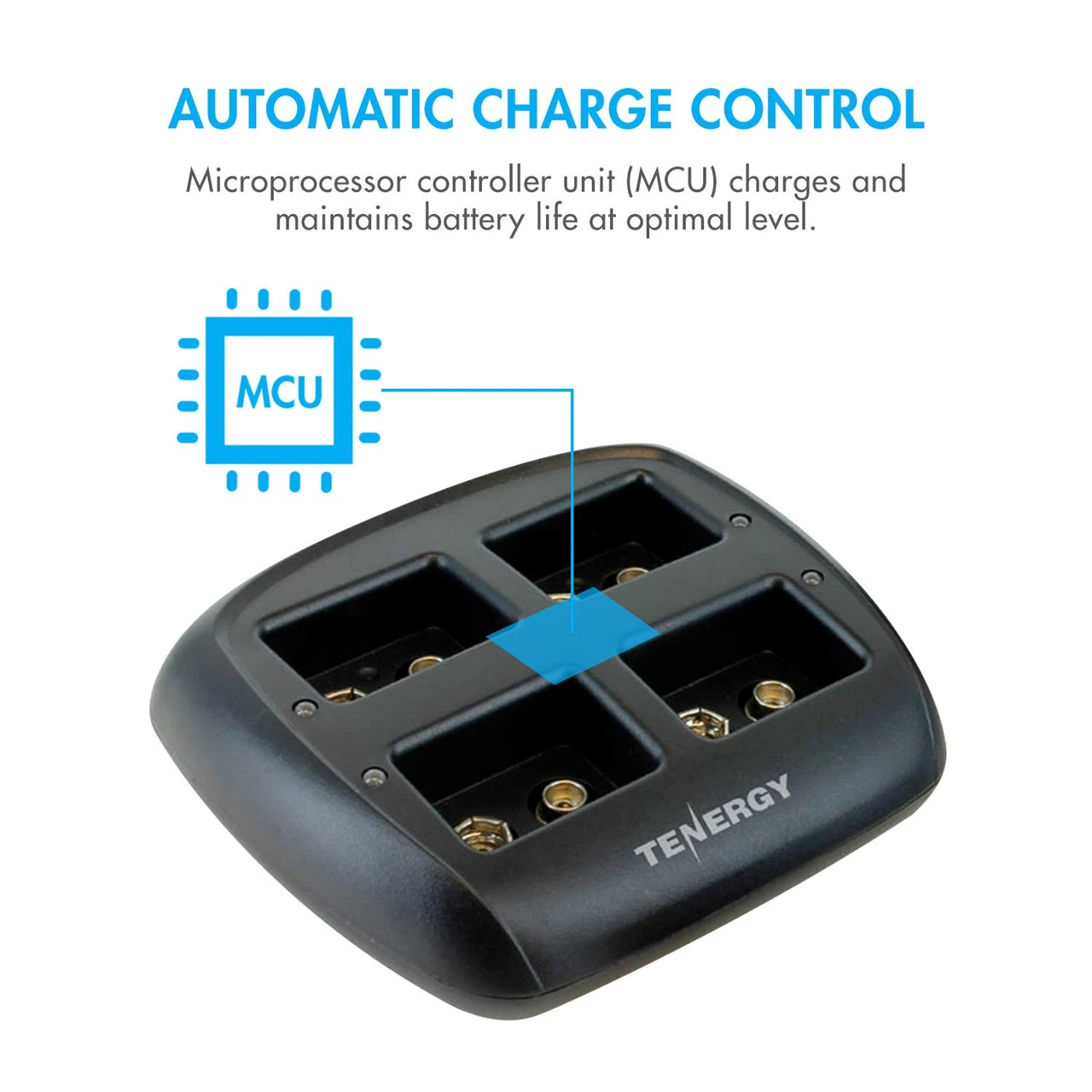 Close-up of the microprocessor control unit that optimizes battery life within a multi-slot rechargeable station.
