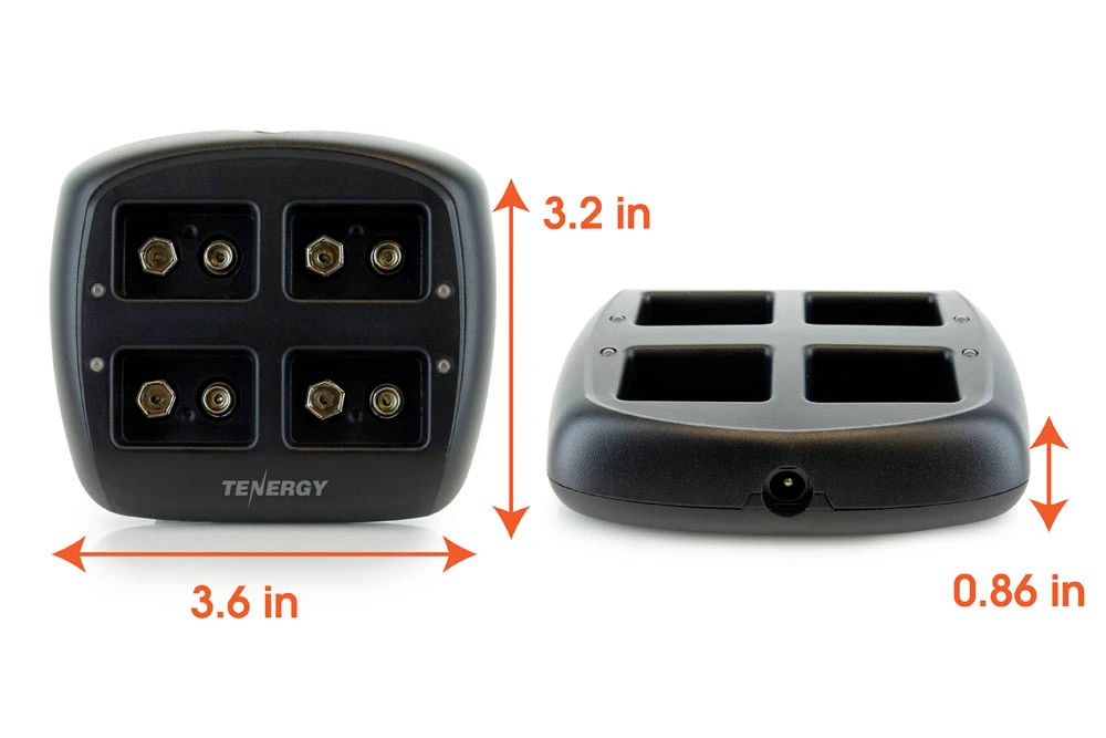 Compact 9V Li-ion charger base showing precise dimensions.
