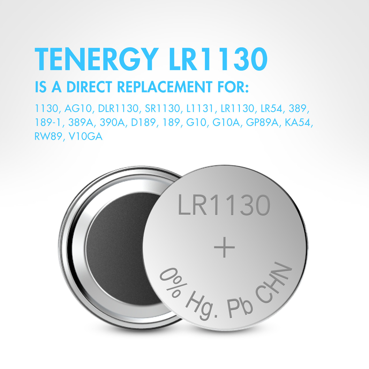 This LR1130 battery replacement chart lists compatible sizes like AG10 and 389 for consumer convenience.