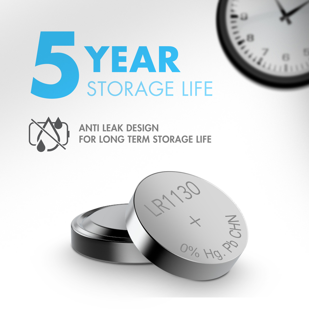Anti-leak LR1130 1.5V batteries feature a 5-year storage life, perfect for long-term emergency backup.