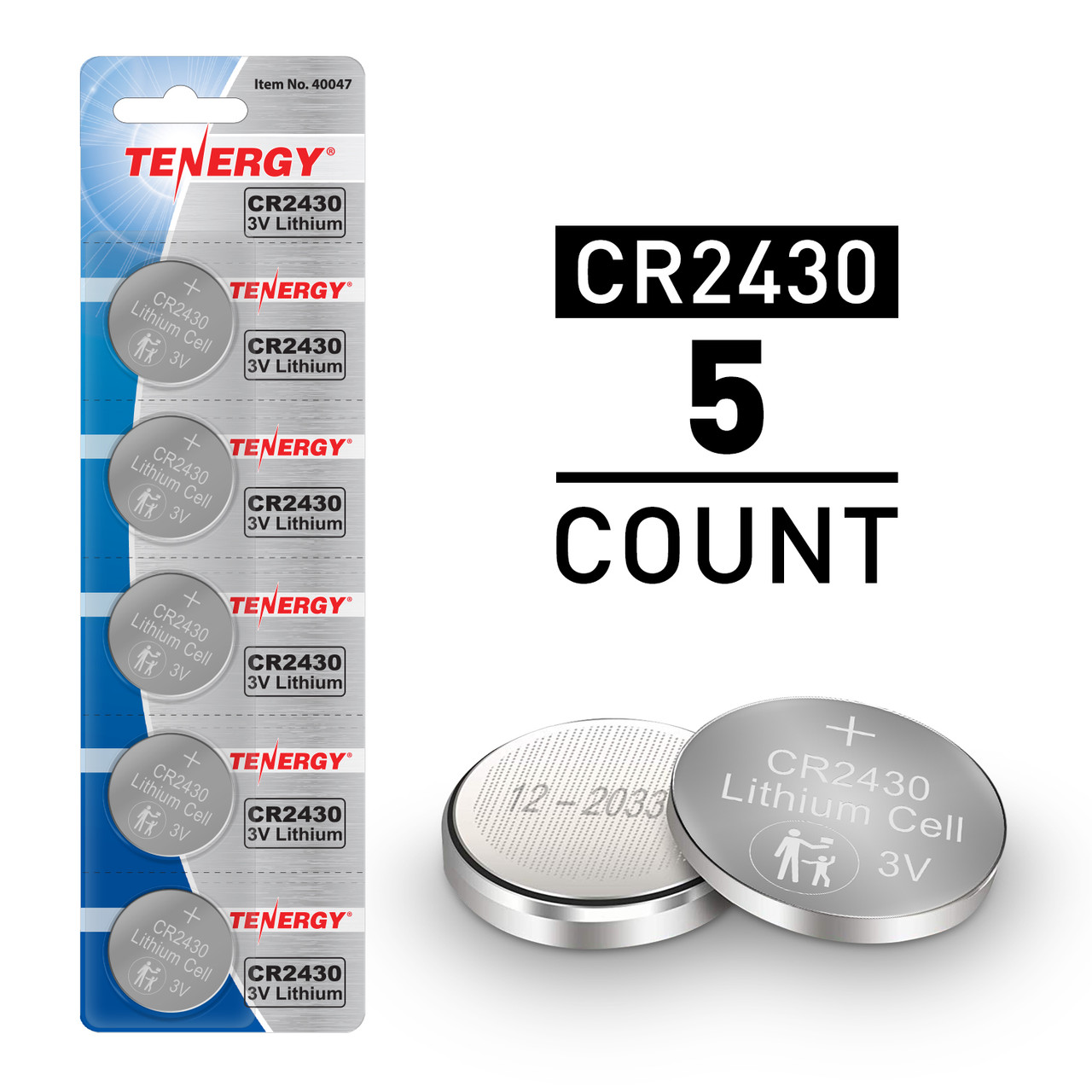 Tenergy CR2430 3V lithium coin cell batteries in a 5-count blister pack for small electronic devices.