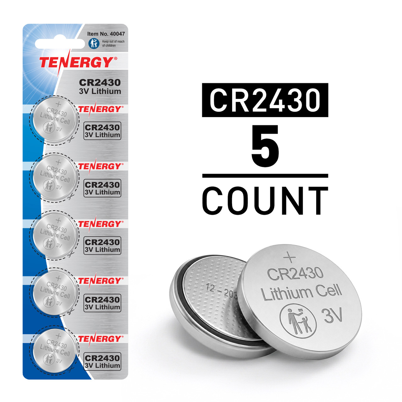 Tenergy CR2430 3V lithium coin cell batteries in a 5-count blister pack for small electronic devices.