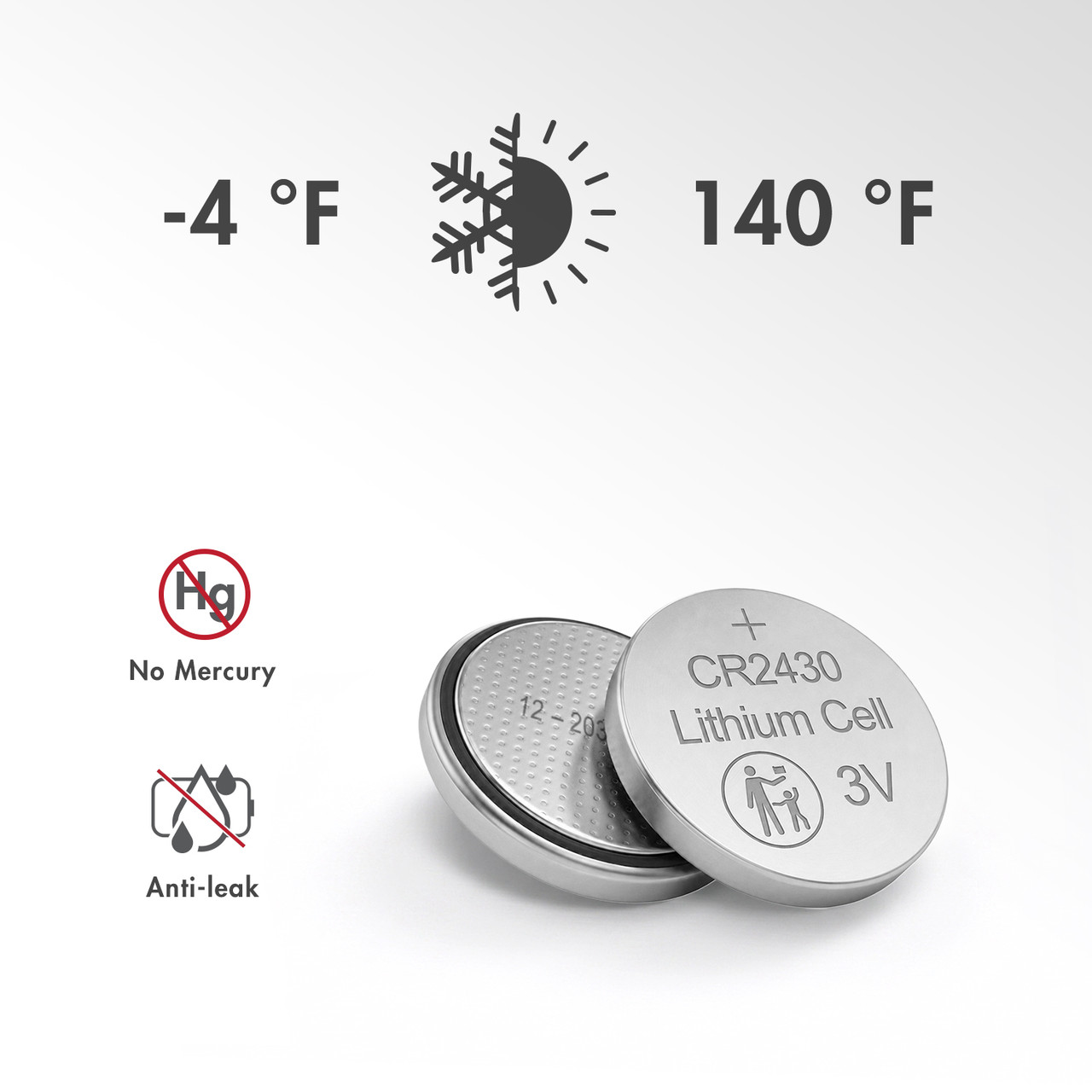 CR2430 coin cell with mercury-free chemistry and wide temperature range for various outdoor sensors.