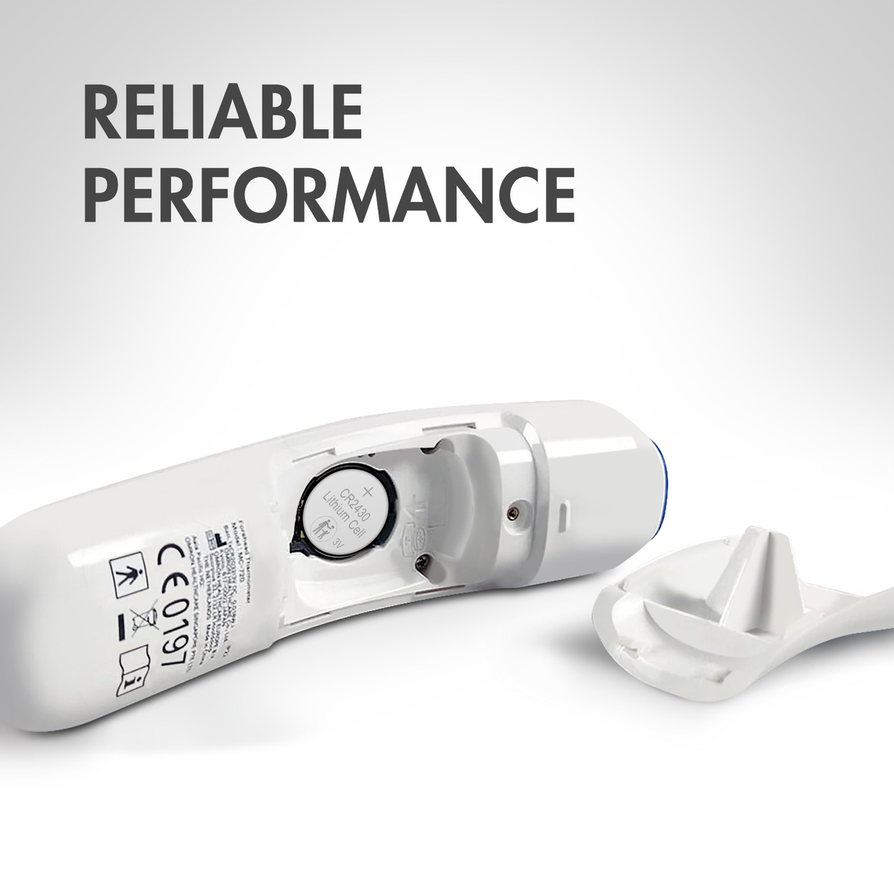Reliable CR2430 lithium cell powering a digital forehead thermometer for health and medical monitoring.