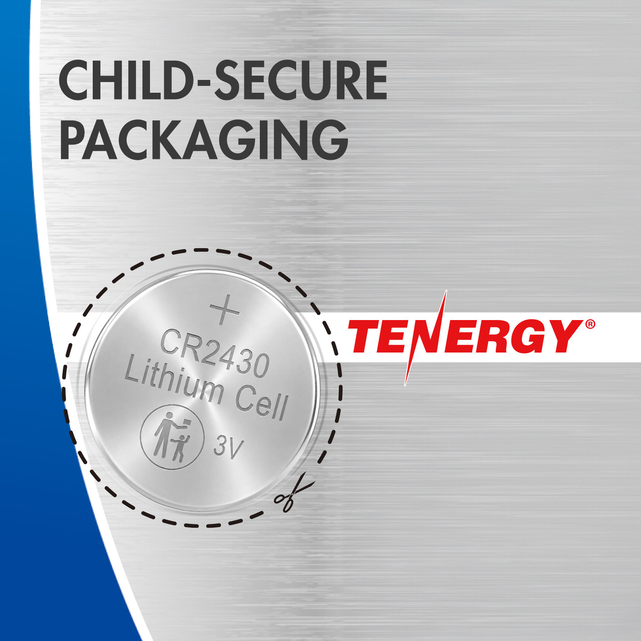 Tenergy CR2430 battery in child-secure packaging to prevent accidental ingestion by young children.