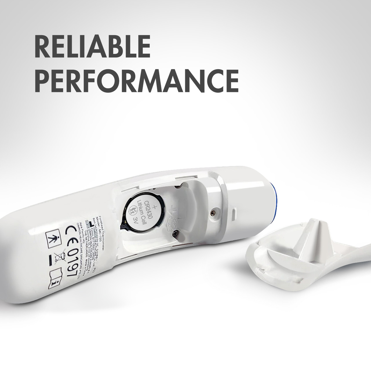 Reliable CR2430 lithium cell powering a digital forehead thermometer for health and medical monitoring.