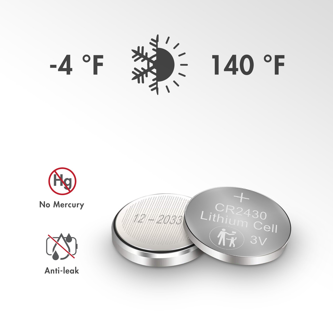 CR2430 coin cell with mercury-free chemistry and wide temperature range for various outdoor sensors.