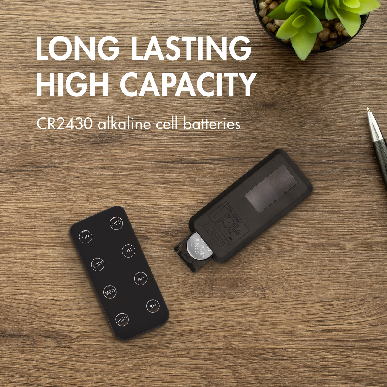 Long lasting CR2430 button cell battery installed in a slim remote control for home automation.