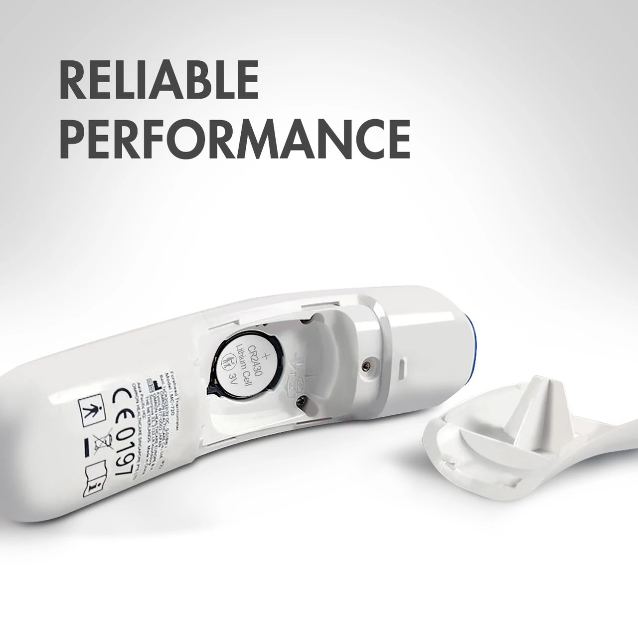 Reliable CR2430 lithium cell powering a digital forehead thermometer for health and medical monitoring.
