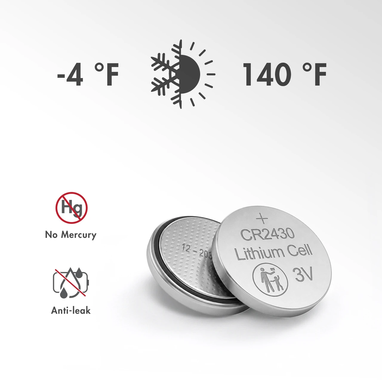 CR2430 coin cell with mercury-free chemistry and wide temperature range for various outdoor sensors.
