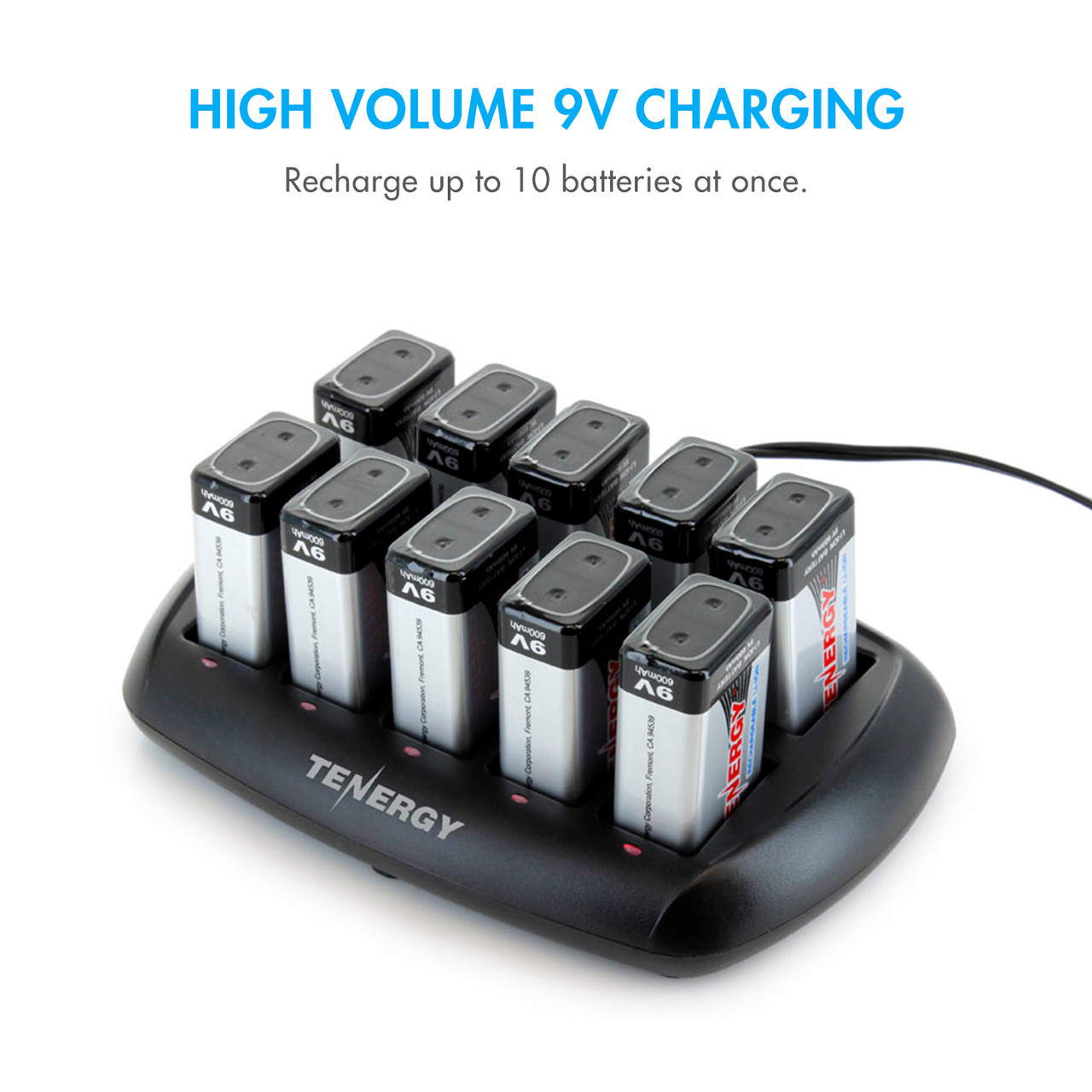 Multi-slot 9V battery charger recharging ten lithium-ion batteries simultaneously for efficient professional power usage.