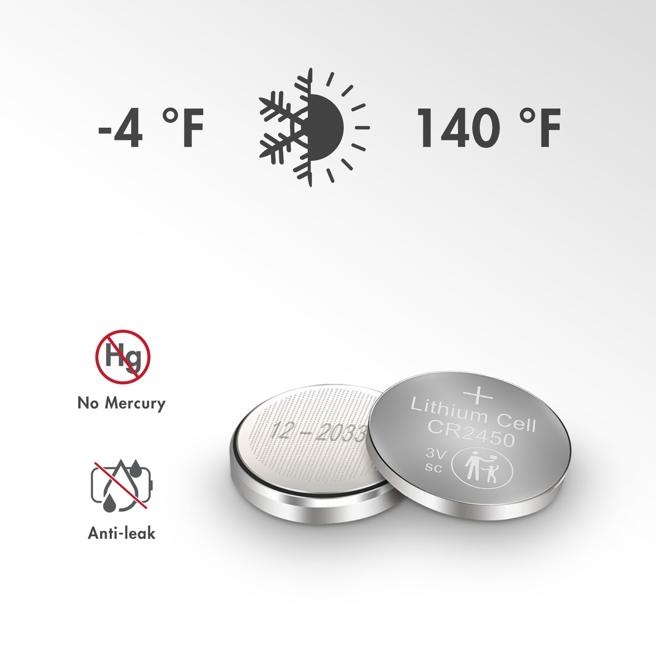 Weather resistant CR2450 coin cell with a wide temperature range for outdoor sensors and monitors.