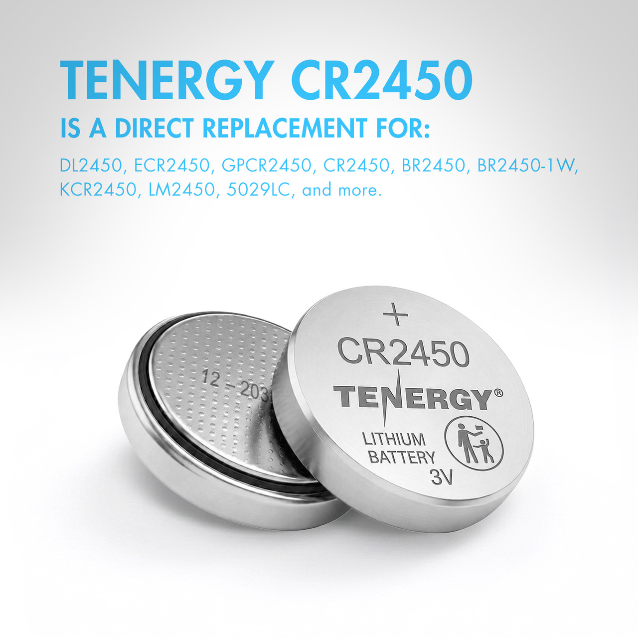 CR2450 lithium batteries featuring a 10-year shelf life and anti-leak design for long-term storage.