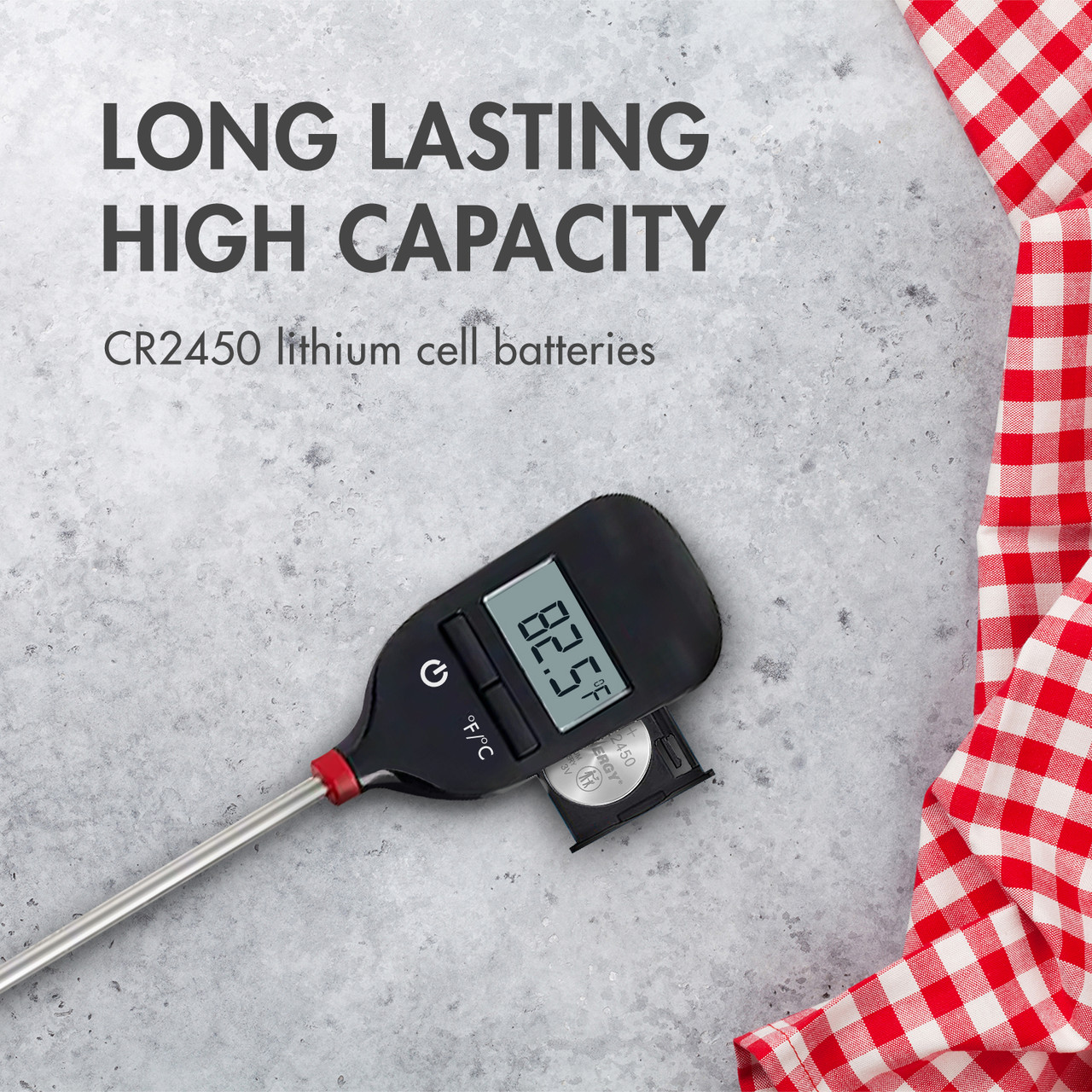 High capacity CR2450 lithium cell battery powering a digital meat thermometer for kitchen use.