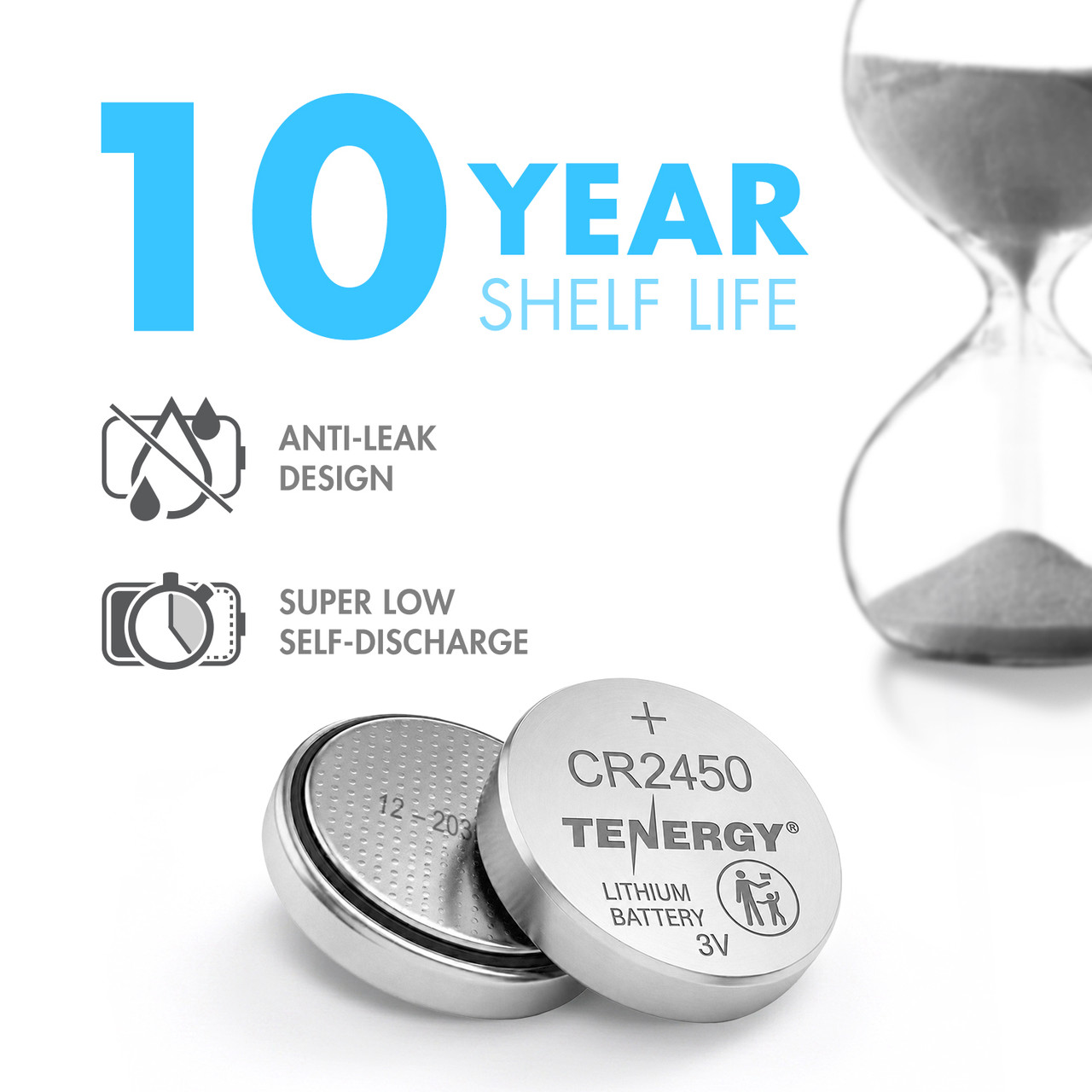 CR2450 lithium batteries featuring a 10-year shelf life and anti-leak design for long-term storage.