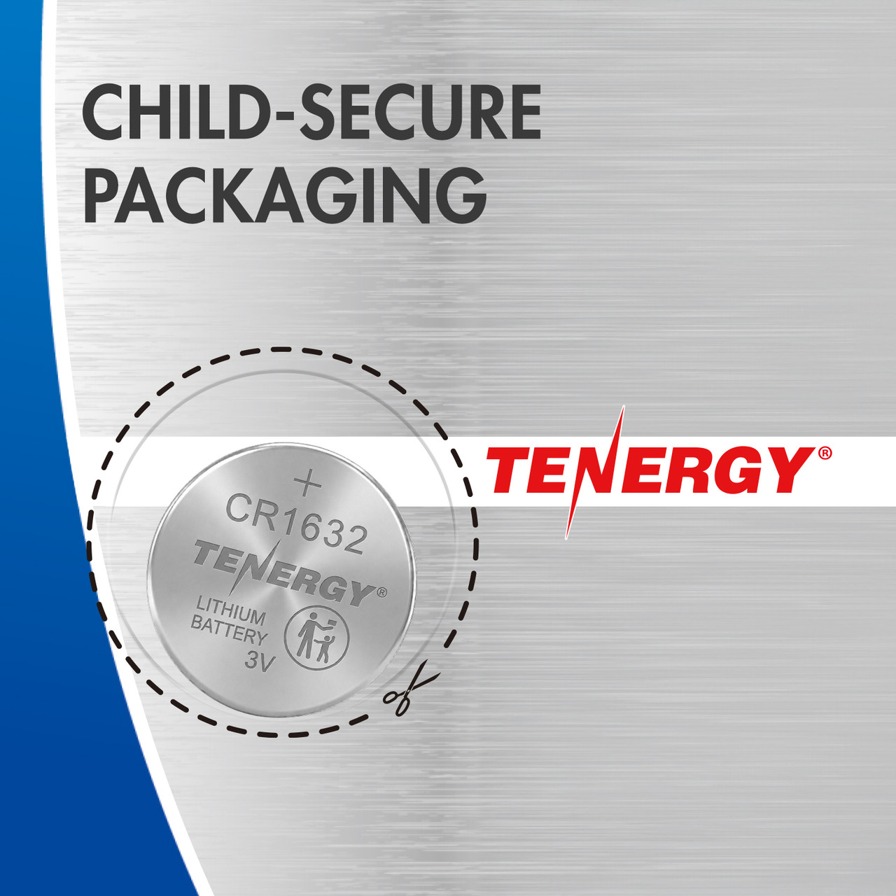 Tenergy CR1632 battery in child-secure packaging to prevent accidental ingestion by young children.