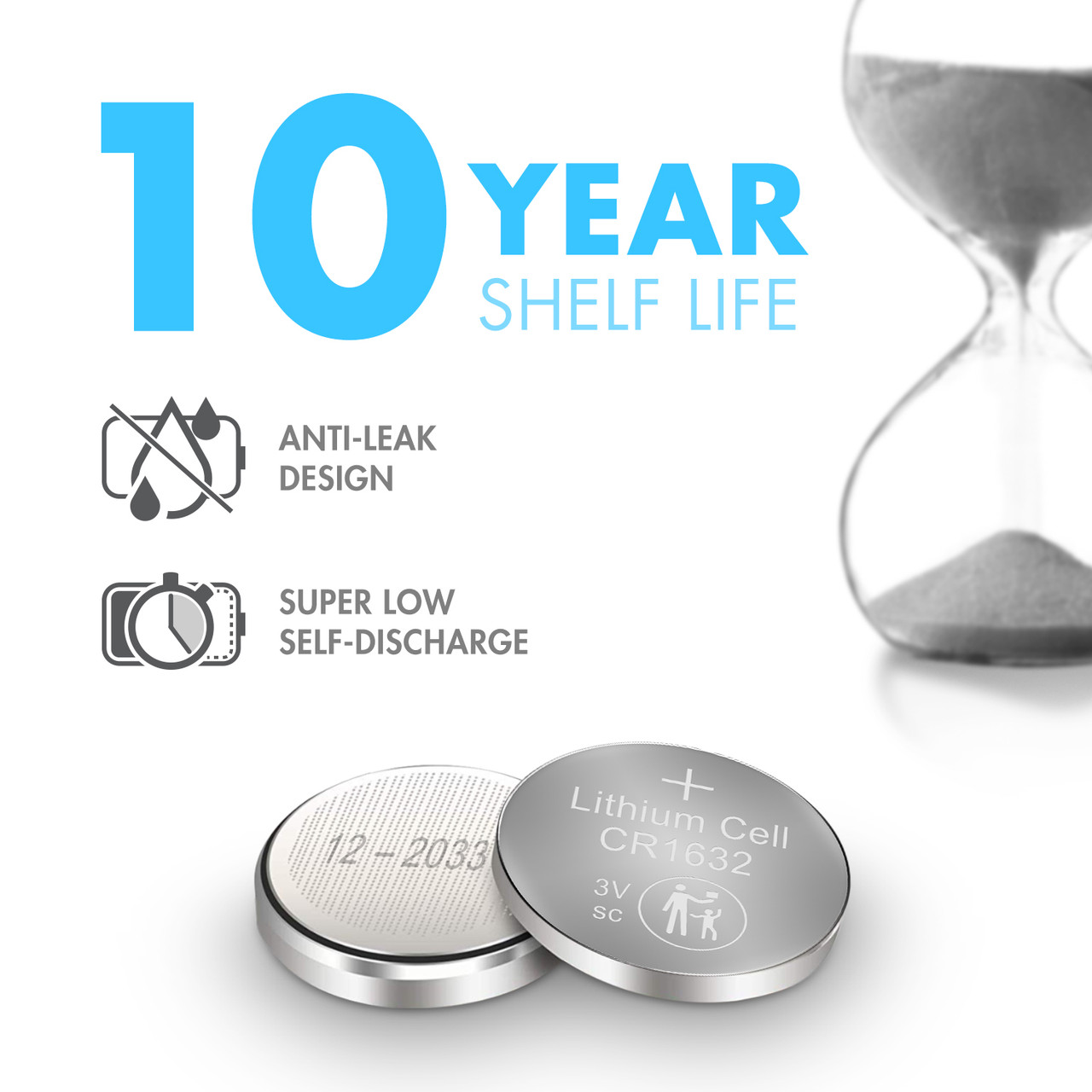 An anti-leak CR1632 3V battery boasts a 10-year shelf life for dependable long-term device storage.