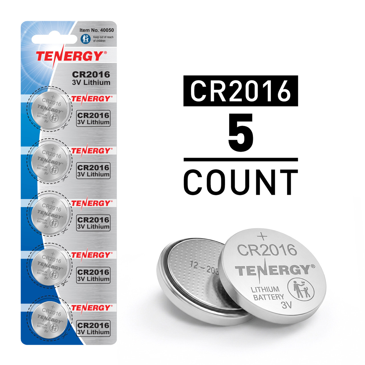 Tenergy CR2016 batteries in a 5-count blister pack for long-lasting power in small electronics.
