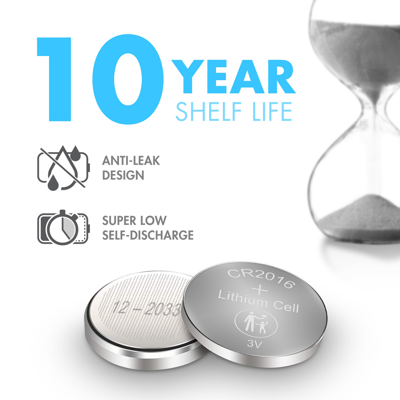 Leak-resistant CR2016 button cells with a 10-year shelf life for long-term storage and reliability.