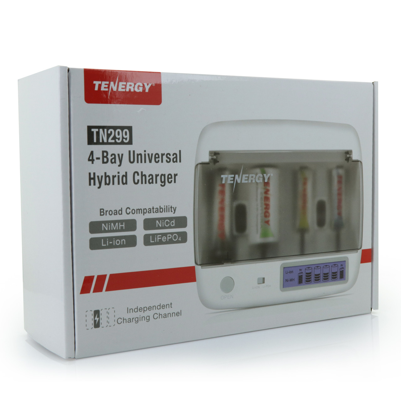 Tenergy 4-bay universal hybrid charger packaging highlighting independent charging channels for tech enthusiasts.