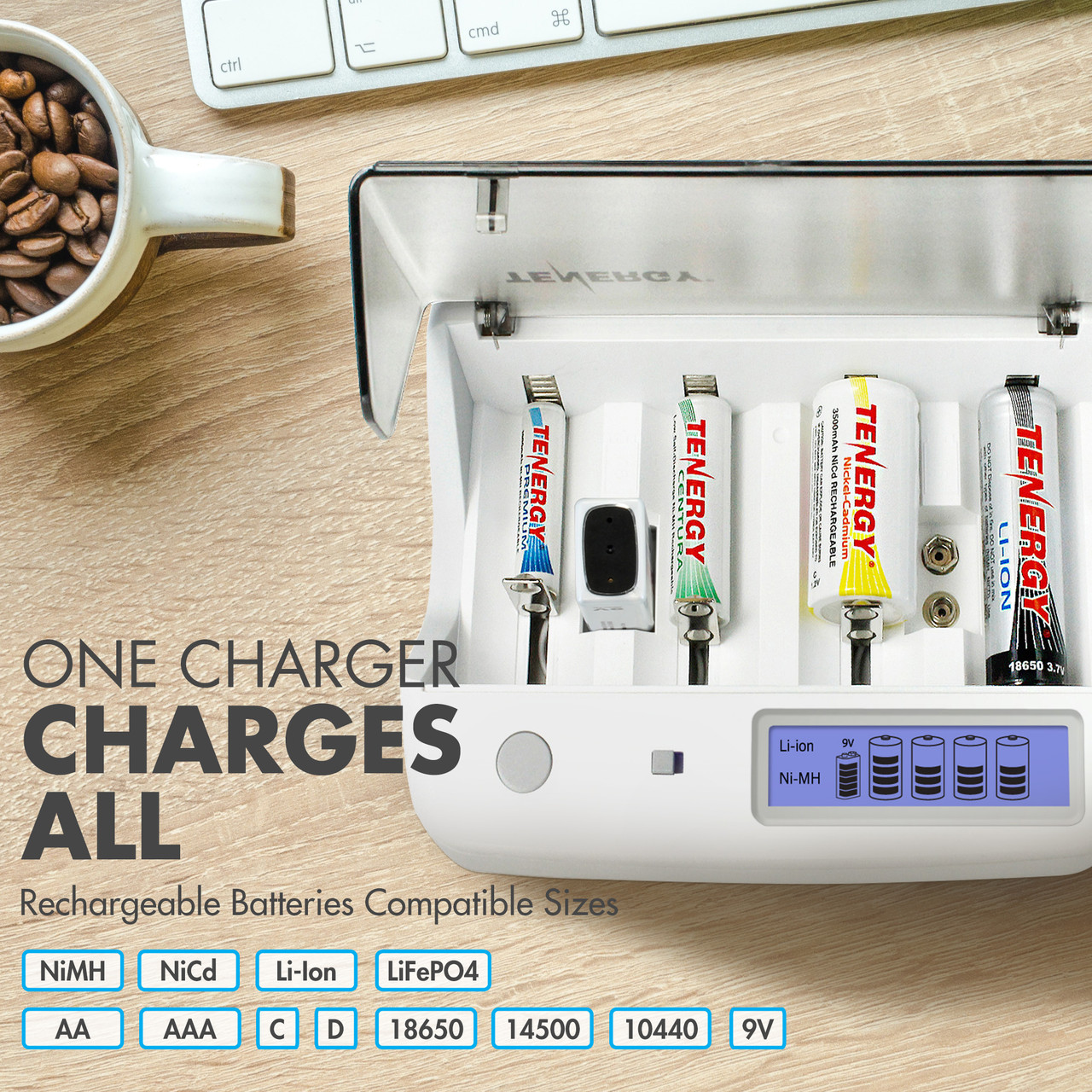 Tenergy universal battery charger showing multi-size compatibility for various household rechargeable cells.